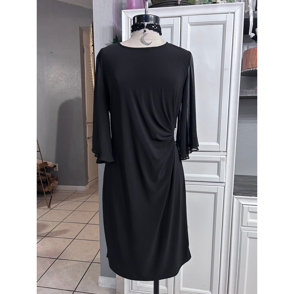Black Sheer Flutter Sleeve Rhinestone Draped Cocktail Dress LARGE - Picture 2 of 10